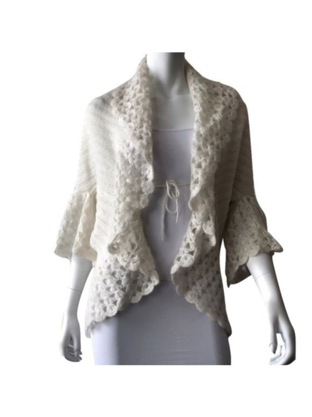 Cache Ivory Mohair Blend Open Front Shawl With Bell Sleeves & Scalloped Trim